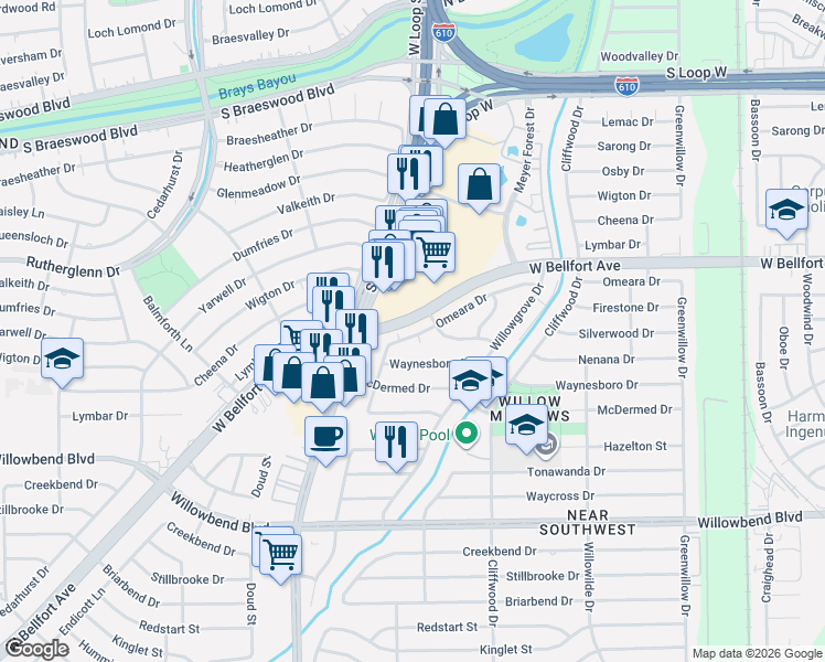 map of restaurants, bars, coffee shops, grocery stores, and more near 4850 West Bellfort Avenue in Houston