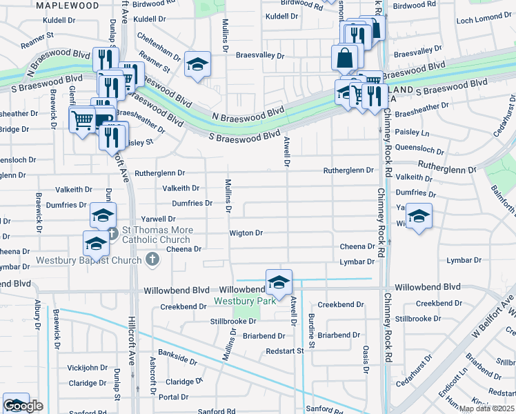 map of restaurants, bars, coffee shops, grocery stores, and more near 5622 Dumfries Drive in Houston