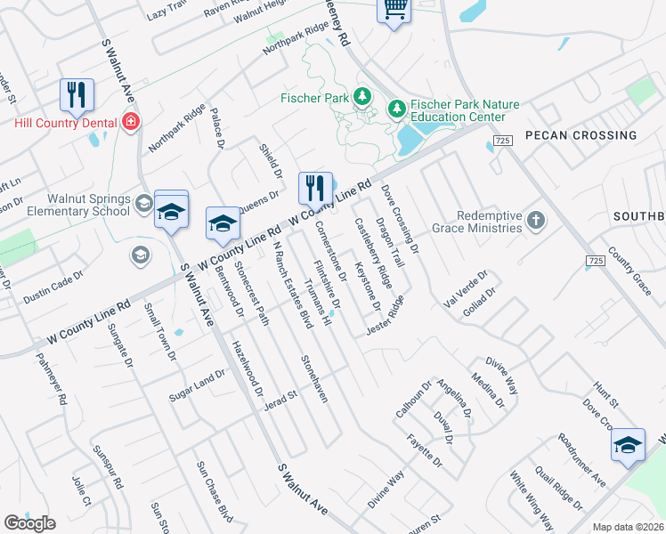 map of restaurants, bars, coffee shops, grocery stores, and more near 2051 Cornerstone Drive in New Braunfels