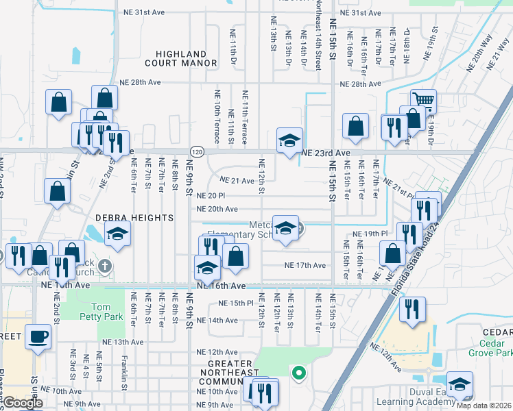 map of restaurants, bars, coffee shops, grocery stores, and more near 1122 Northeast 20 Place in Gainesville