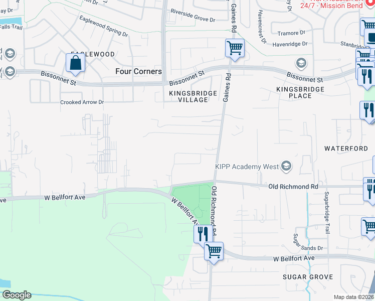 map of restaurants, bars, coffee shops, grocery stores, and more near 9738 Gaines Road in Sugar Land