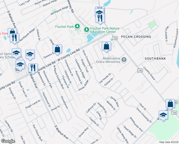 map of restaurants, bars, coffee shops, grocery stores, and more near 2109 Dragon Trail in New Braunfels