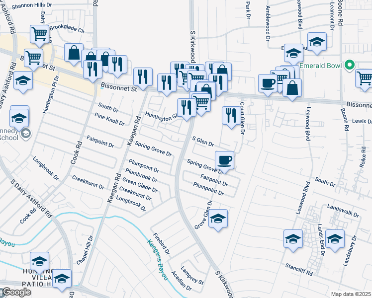 map of restaurants, bars, coffee shops, grocery stores, and more near 9857 South Kirkwood Road in Houston