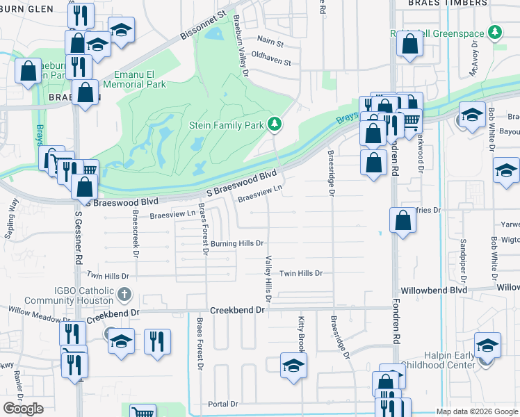 map of restaurants, bars, coffee shops, grocery stores, and more near 7907 Braesview Lane in Houston