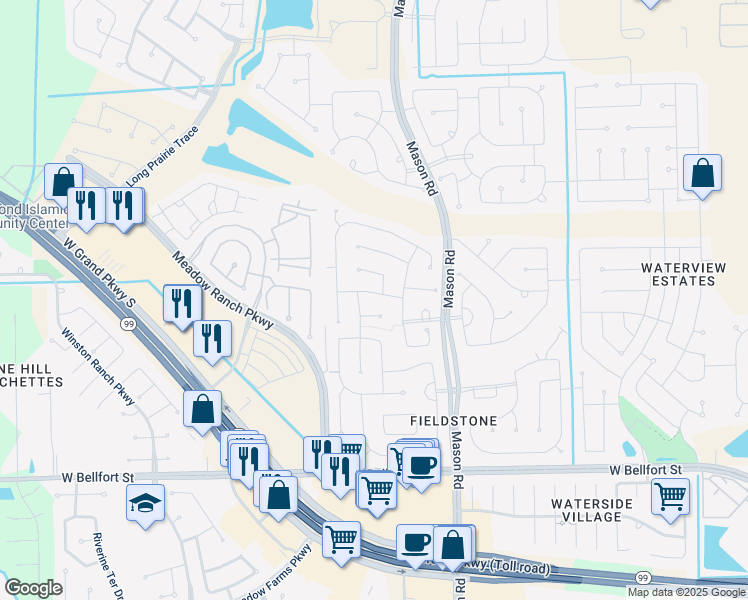 map of restaurants, bars, coffee shops, grocery stores, and more near 20627 Rubble Lane in Richmond