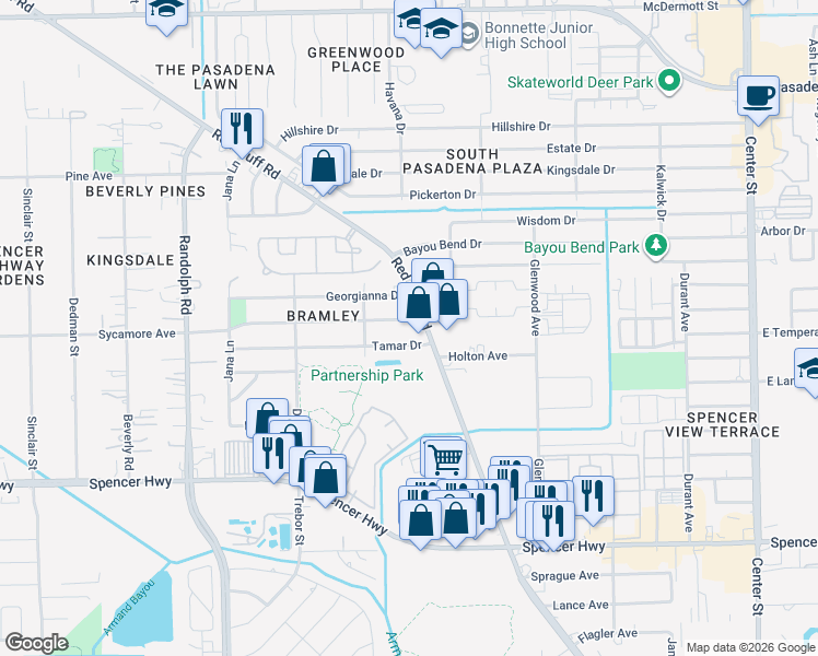 map of restaurants, bars, coffee shops, grocery stores, and more near 5001 Red Bluff Road in Pasadena