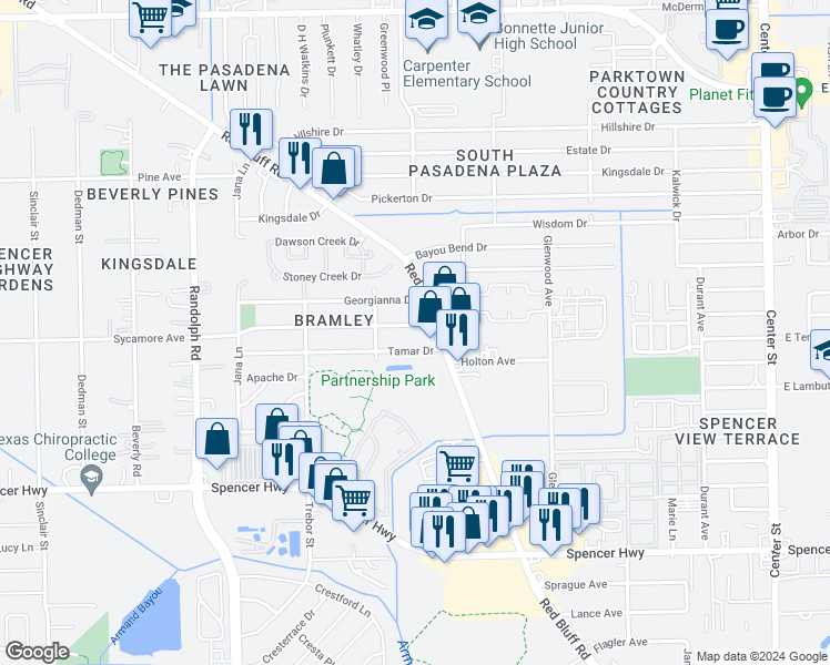 map of restaurants, bars, coffee shops, grocery stores, and more near 6607 Bramley Drive in Pasadena