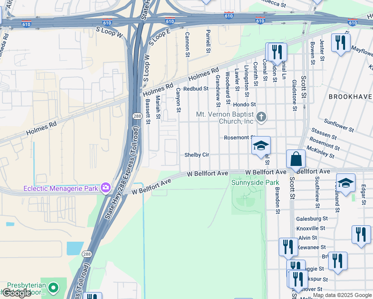 map of restaurants, bars, coffee shops, grocery stores, and more near 8301 Canyon Street in Houston