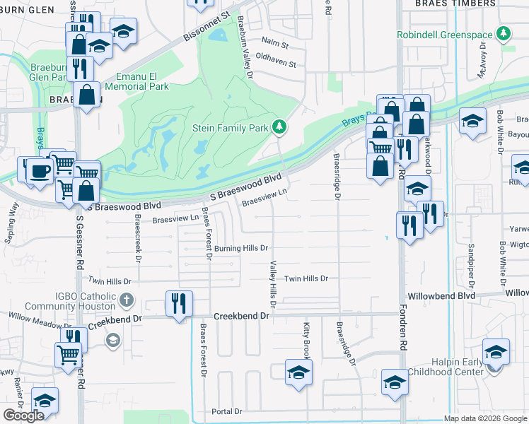 map of restaurants, bars, coffee shops, grocery stores, and more near 7907 Braesview Lane in Houston