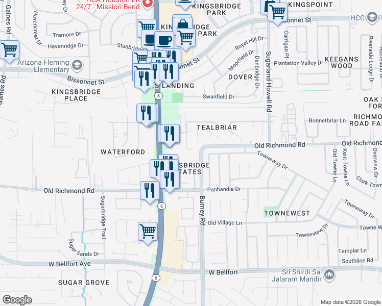 map of restaurants, bars, coffee shops, grocery stores, and more near 9811 Calverton Drive in Sugar Land