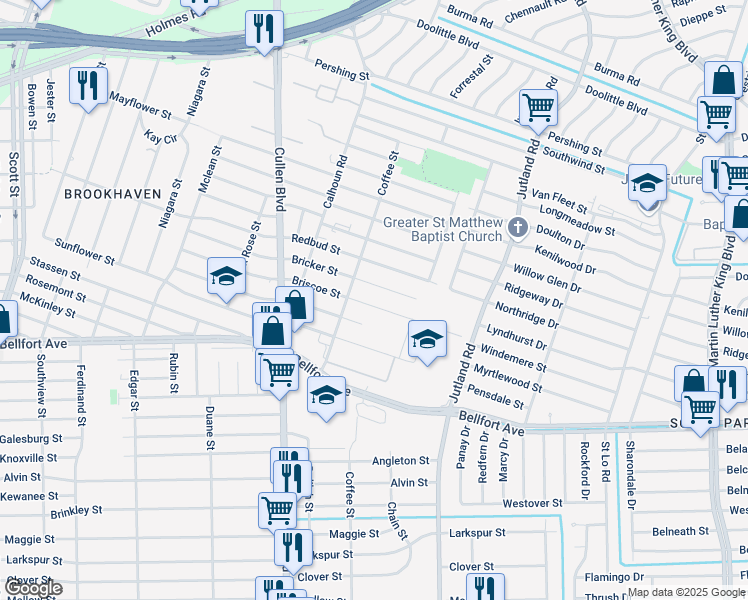 map of restaurants, bars, coffee shops, grocery stores, and more near 5017 Briscoe Street in Houston