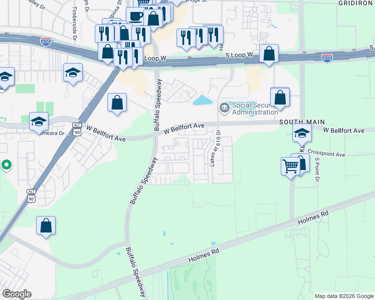 map of restaurants, bars, coffee shops, grocery stores, and more near 10201 Buffalo Speedway in Houston