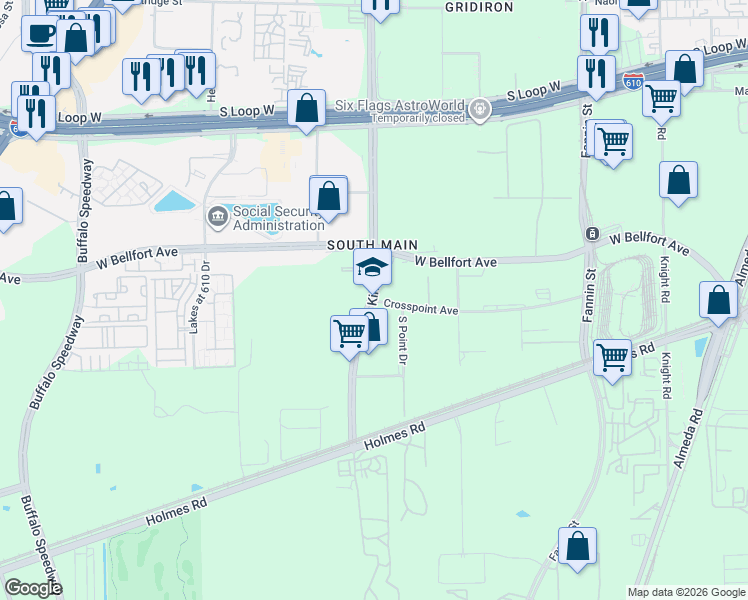map of restaurants, bars, coffee shops, grocery stores, and more near 9185 Kirby Drive in Houston