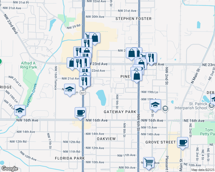 map of restaurants, bars, coffee shops, grocery stores, and more near 933 Northwest 21st Avenue in Gainesville