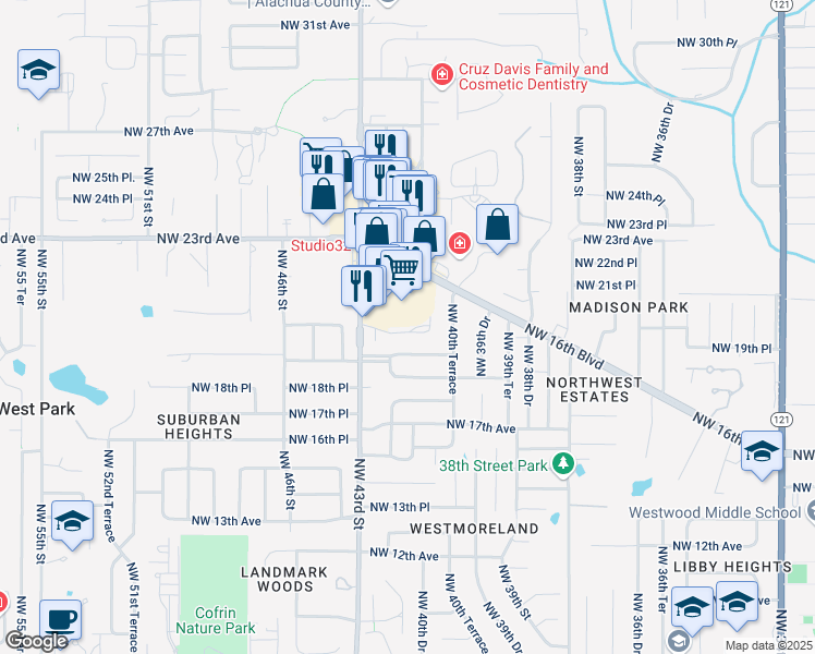 map of restaurants, bars, coffee shops, grocery stores, and more near 4115 Northwest 16th Boulevard in Gainesville