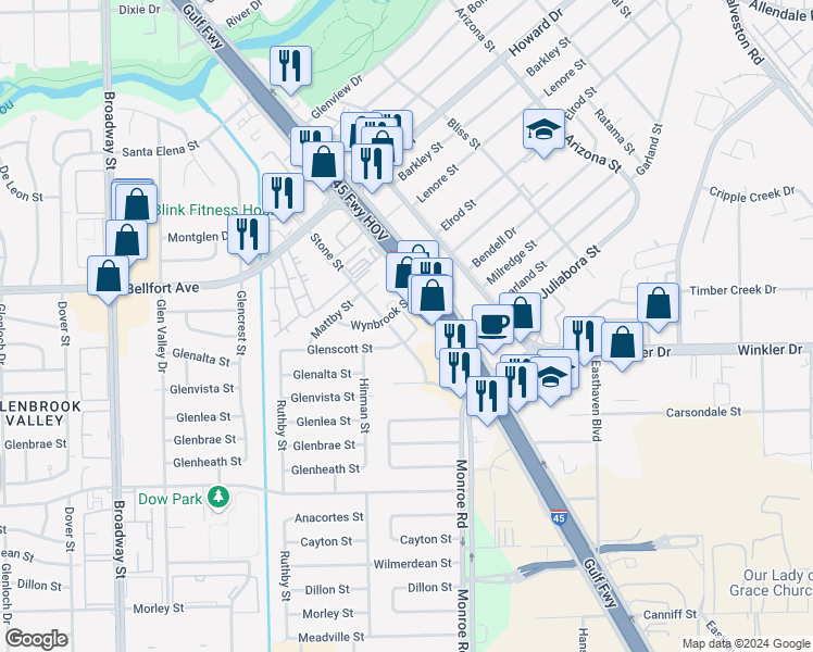map of restaurants, bars, coffee shops, grocery stores, and more near 8456 Gulf Freeway in Houston
