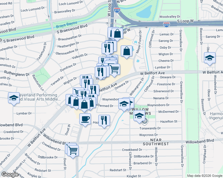 map of restaurants, bars, coffee shops, grocery stores, and more near 4734 Omeara Drive in Houston