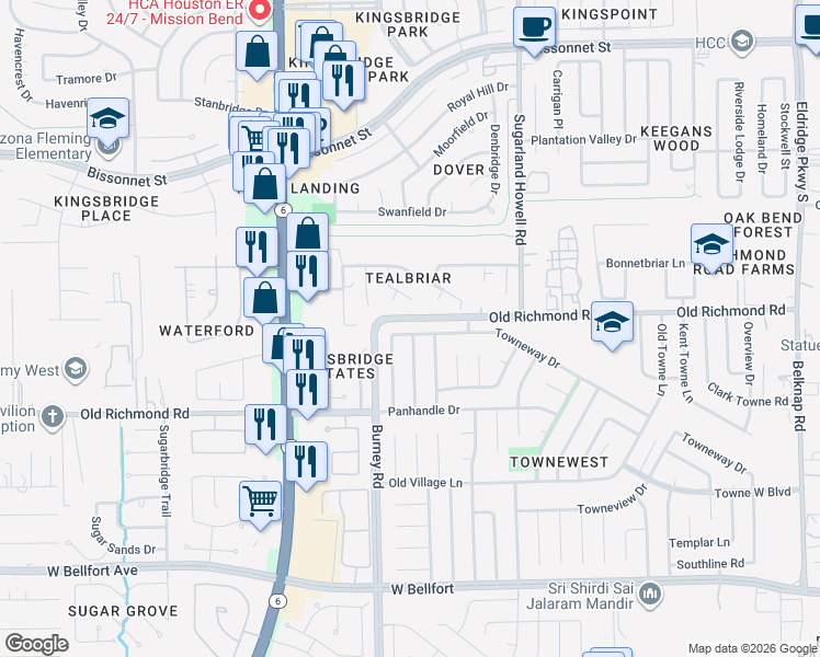 map of restaurants, bars, coffee shops, grocery stores, and more near 14210 Towneway Drive in Sugar Land