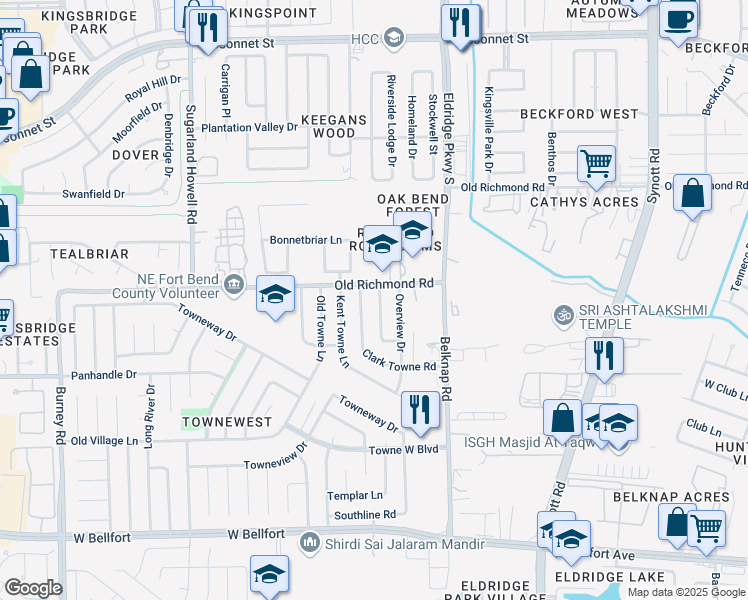 map of restaurants, bars, coffee shops, grocery stores, and more near 9903 Towne Brook Lane in Sugar Land
