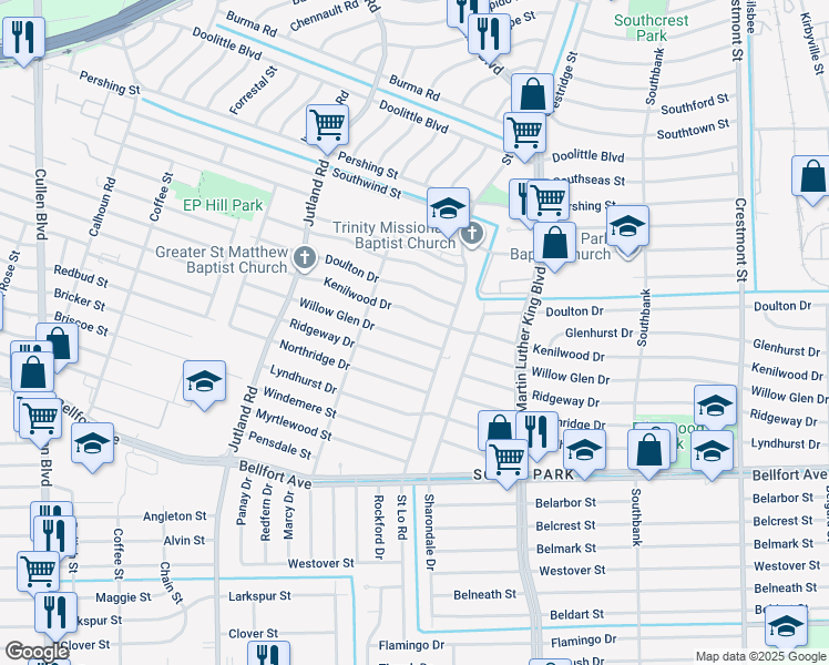 map of restaurants, bars, coffee shops, grocery stores, and more near 5407 Willow Glen Drive in Houston