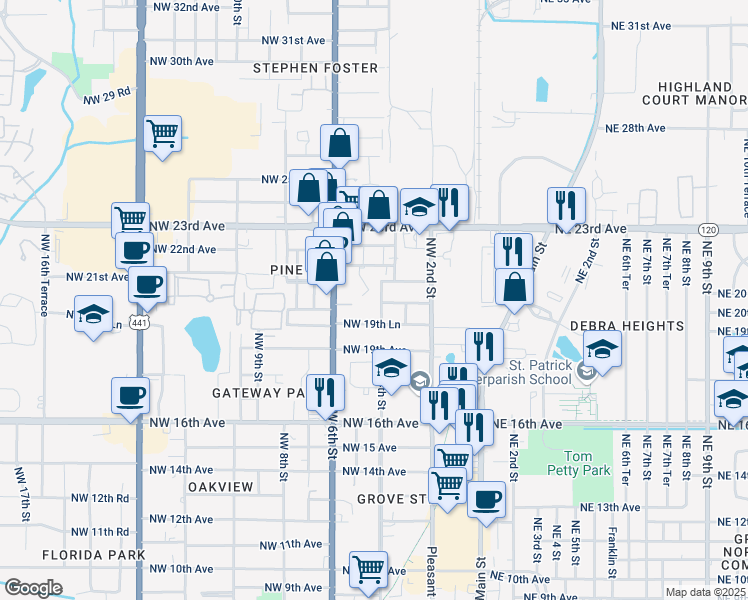 map of restaurants, bars, coffee shops, grocery stores, and more near 2014 Northwest 4th Street in Gainesville