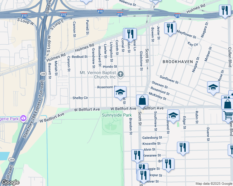 map of restaurants, bars, coffee shops, grocery stores, and more near 8312 Corinth Street in Houston