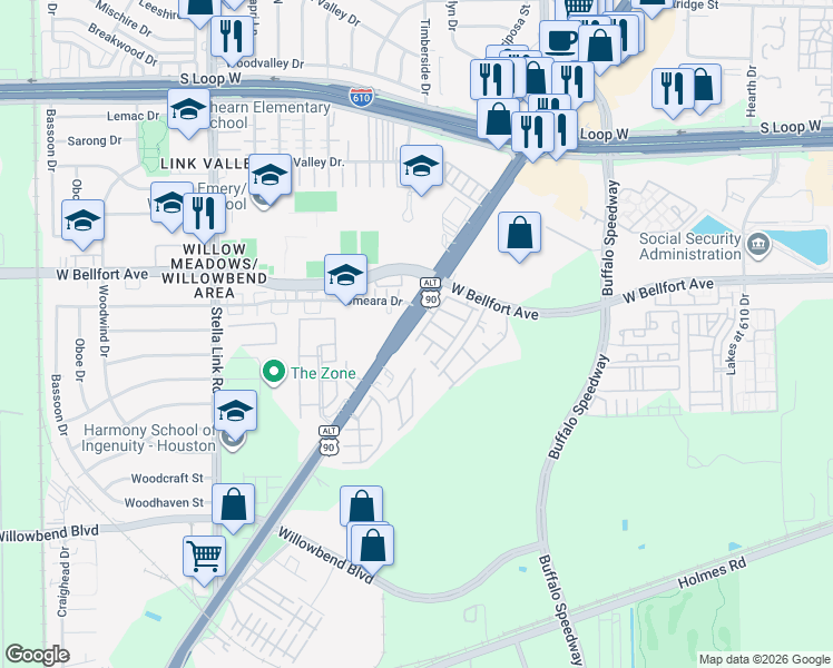 map of restaurants, bars, coffee shops, grocery stores, and more near 3419 Knighton Hill Drive in Houston