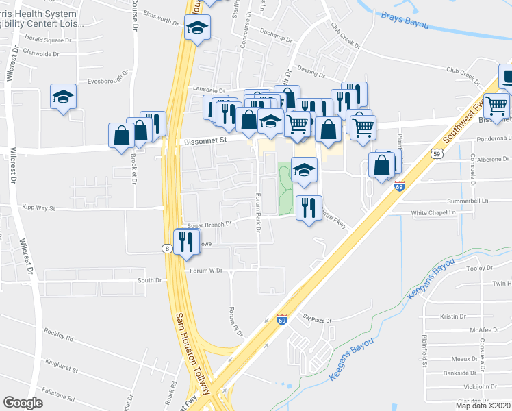 map of restaurants, bars, coffee shops, grocery stores, and more near 10101 Forum Park Drive in Houston