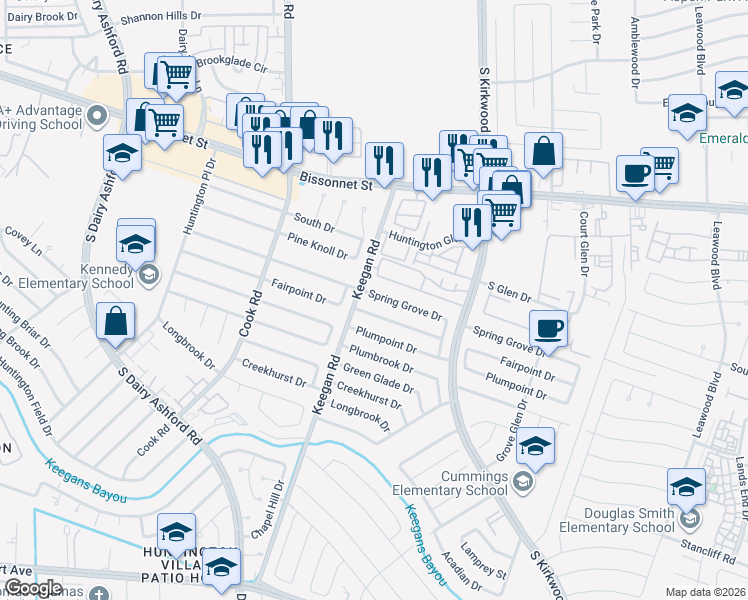 map of restaurants, bars, coffee shops, grocery stores, and more near 12070 Spring Grove Drive in Houston