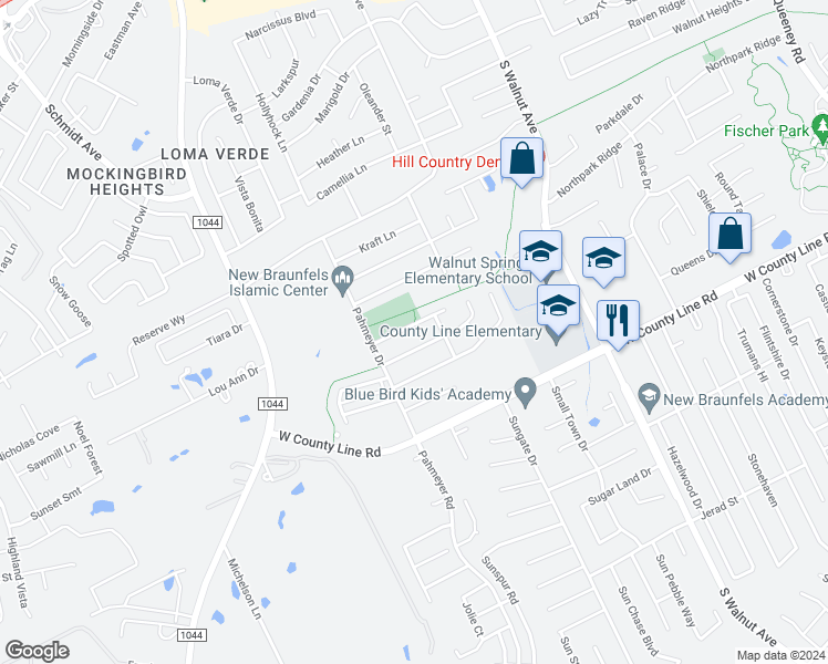 map of restaurants, bars, coffee shops, grocery stores, and more near 1655 Anna Lee Drive in New Braunfels