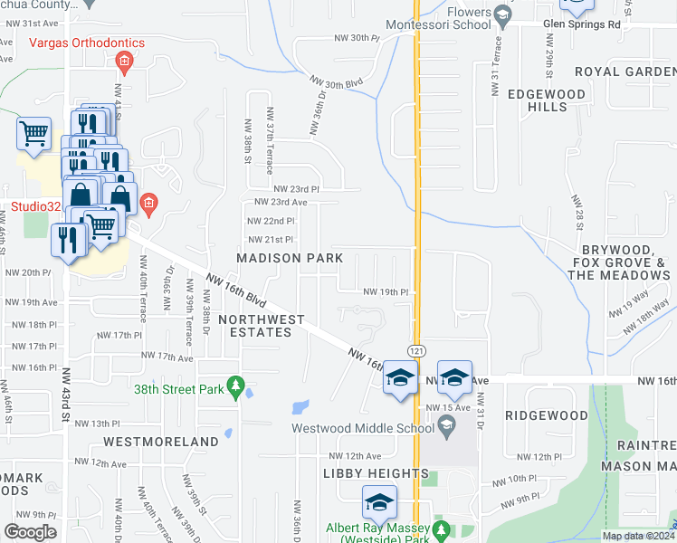 map of restaurants, bars, coffee shops, grocery stores, and more near 2005 36th Street in Gainesville