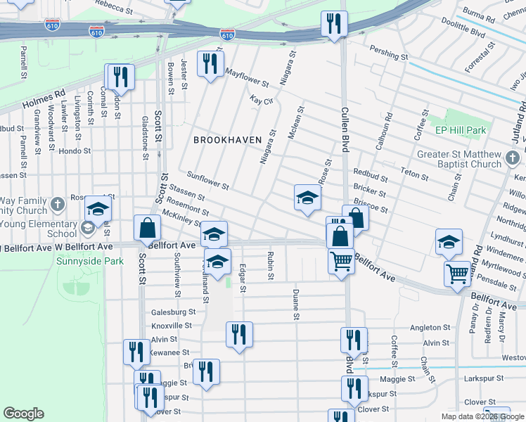 map of restaurants, bars, coffee shops, grocery stores, and more near 4430 Sunflower Street in Houston
