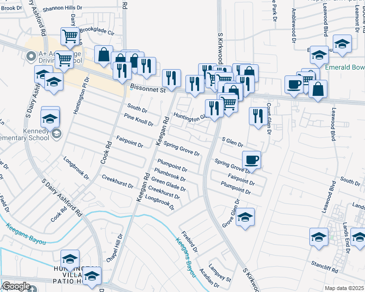 map of restaurants, bars, coffee shops, grocery stores, and more near 12042 Spring Grove Drive in Houston