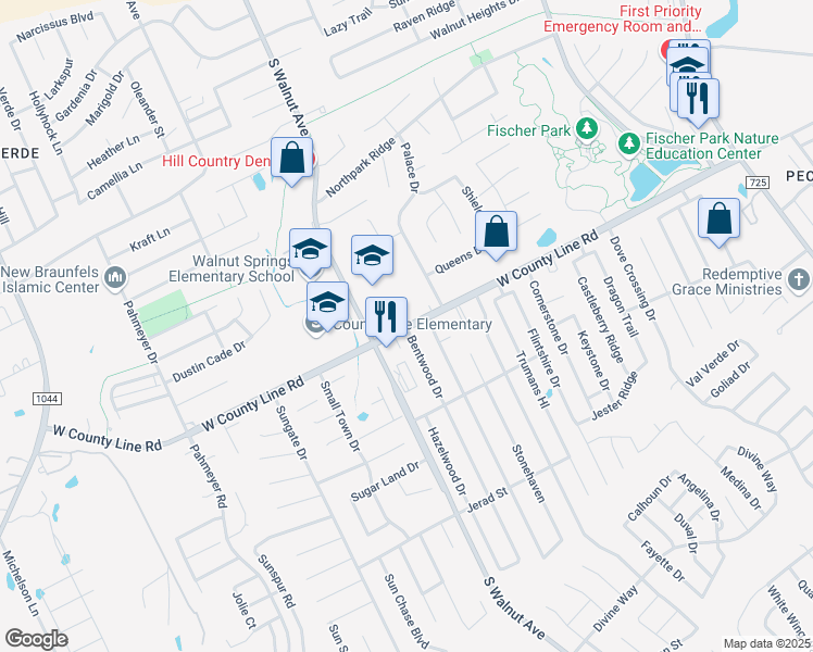 map of restaurants, bars, coffee shops, grocery stores, and more near West County Line Road in New Braunfels
