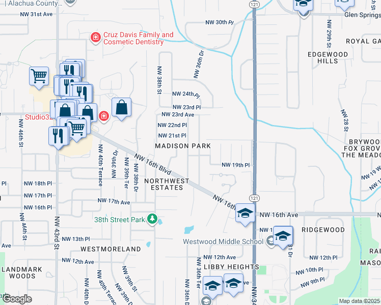 map of restaurants, bars, coffee shops, grocery stores, and more near 2005 Northwest 36th Drive in Gainesville