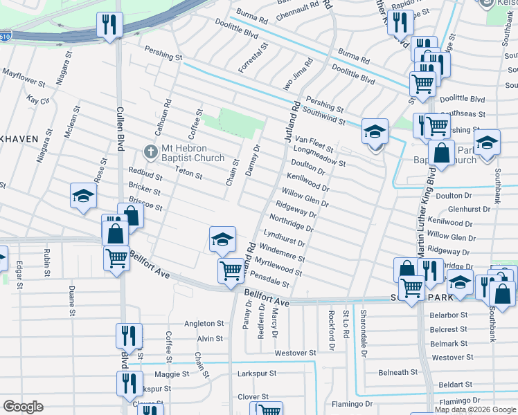 map of restaurants, bars, coffee shops, grocery stores, and more near 5019 Northridge Drive in Houston
