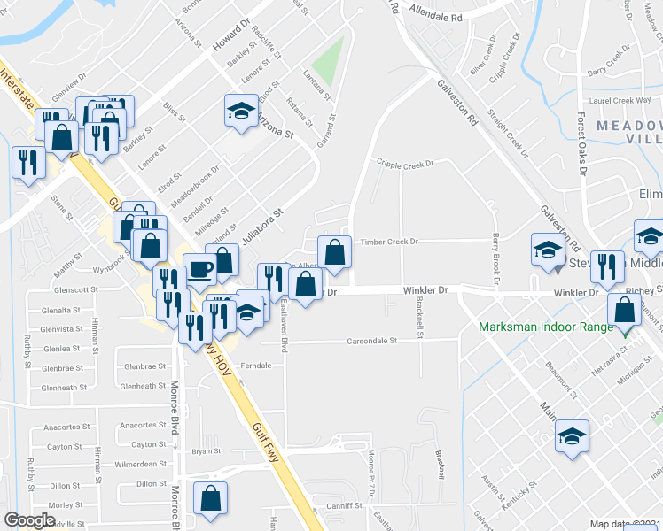 map of restaurants, bars, coffee shops, grocery stores, and more near 6003 Santa Cecilia Lane in Houston