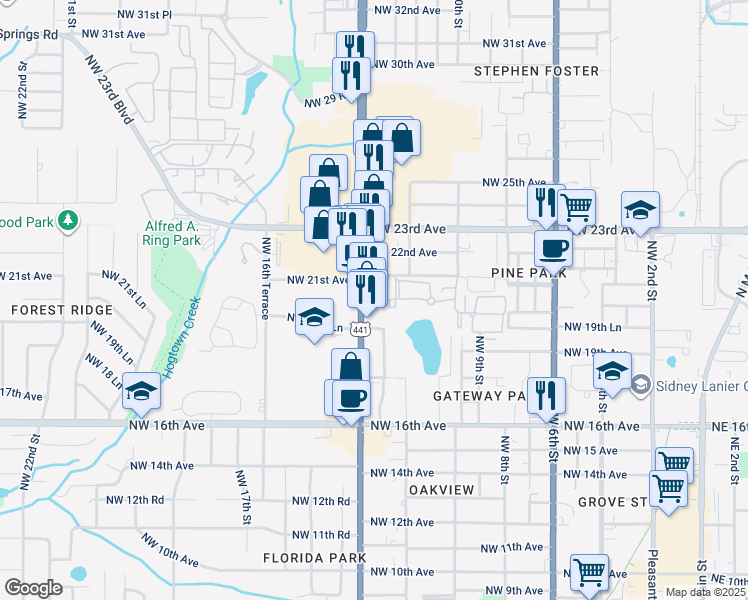 map of restaurants, bars, coffee shops, grocery stores, and more near 2031 Northwest 13th Street in Gainesville