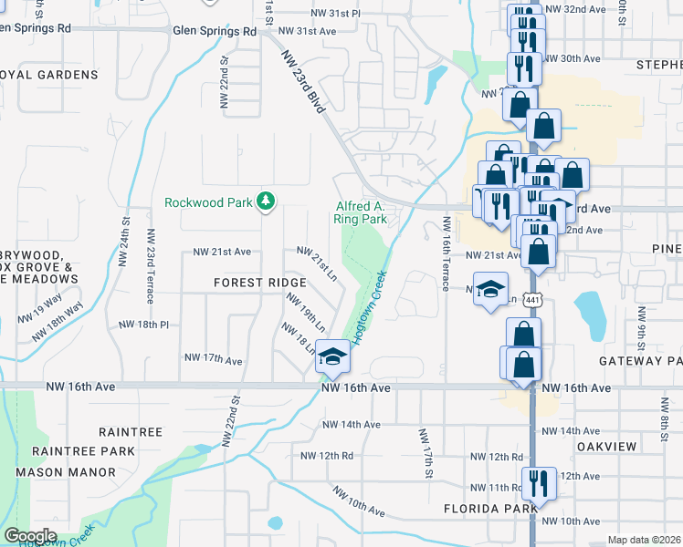 map of restaurants, bars, coffee shops, grocery stores, and more near 2042 Northwest 21st Lane in Gainesville