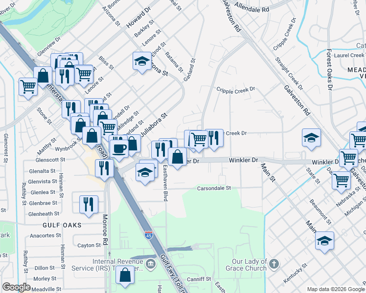 map of restaurants, bars, coffee shops, grocery stores, and more near 8951 San Alberto in Houston