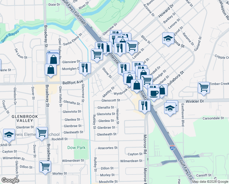map of restaurants, bars, coffee shops, grocery stores, and more near 8310 Mattby Street in Houston