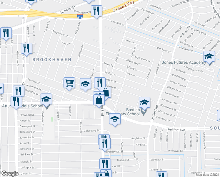 map of restaurants, bars, coffee shops, grocery stores, and more near 4746 Briscoe Street in Houston