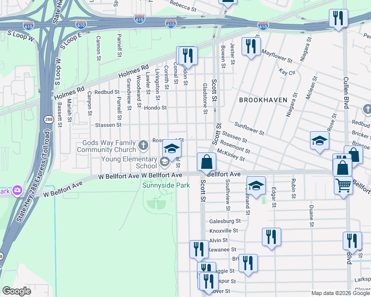 map of restaurants, bars, coffee shops, grocery stores, and more near 8305 Comal Street in Houston