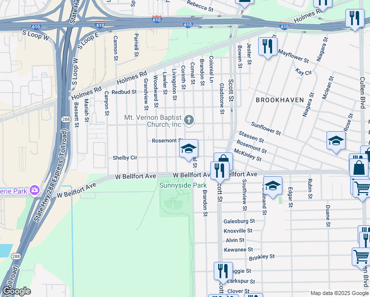 map of restaurants, bars, coffee shops, grocery stores, and more near 8312 Corinth Street in Houston