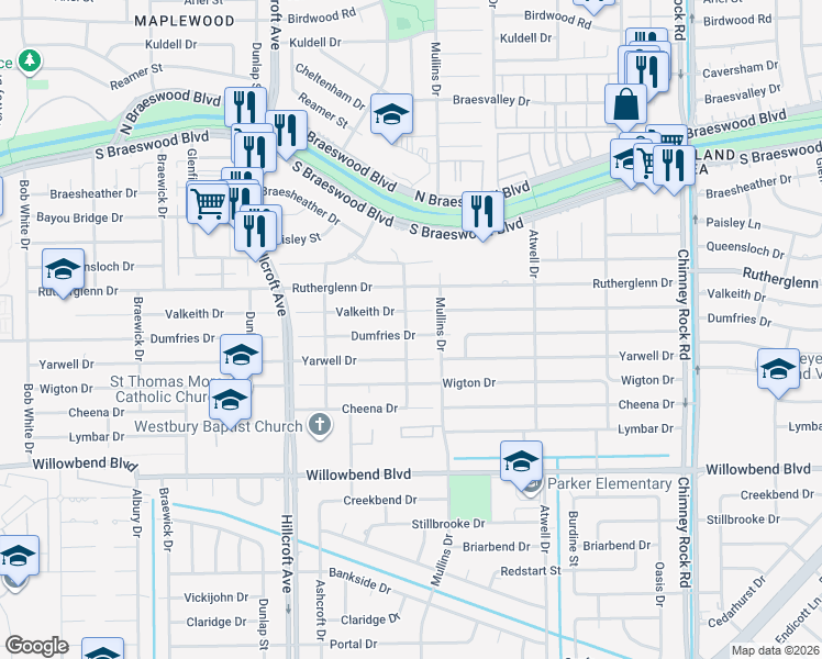 map of restaurants, bars, coffee shops, grocery stores, and more near 5710 Dumfries Drive in Houston