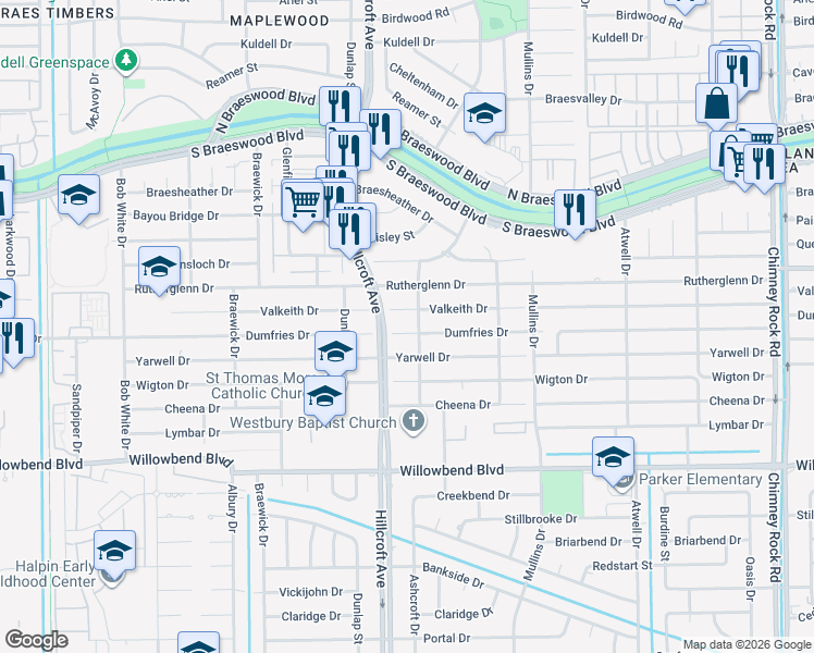 map of restaurants, bars, coffee shops, grocery stores, and more near 5831 Valkeith Drive in Houston