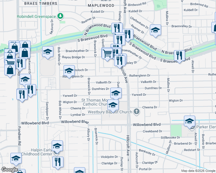map of restaurants, bars, coffee shops, grocery stores, and more near 6011 Valkeith Drive in Houston