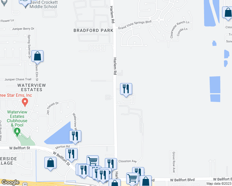 map of restaurants, bars, coffee shops, grocery stores, and more near 9823 Harlem Road in Richmond
