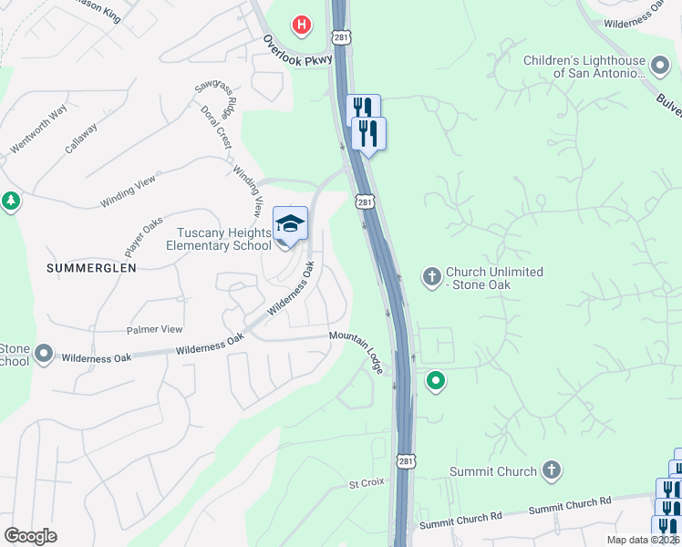 map of restaurants, bars, coffee shops, grocery stores, and more near 2431 Cortona Mist in San Antonio