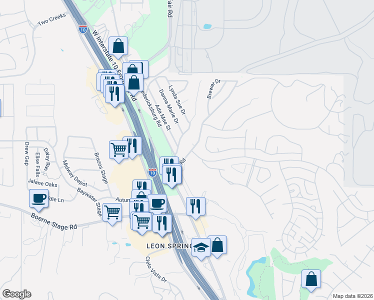 map of restaurants, bars, coffee shops, grocery stores, and more near 24815 Aue Road in San Antonio